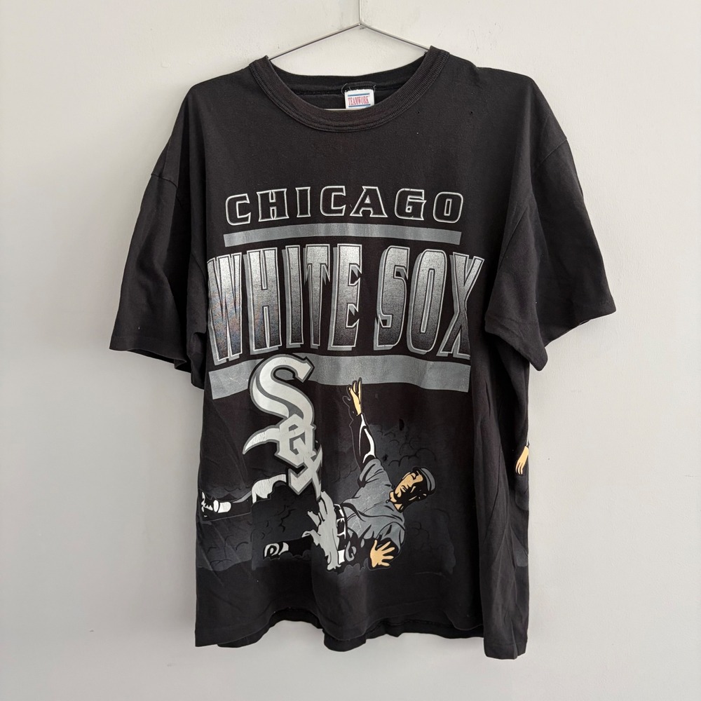 Vintage Chicago White Sox Teamwork T Shirt Black Graphic All Over Print Large